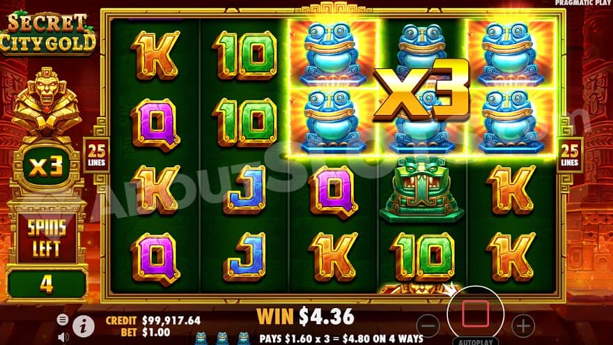 Five frogs on reels 3, 4 and 5 form a shape win in the free spins.