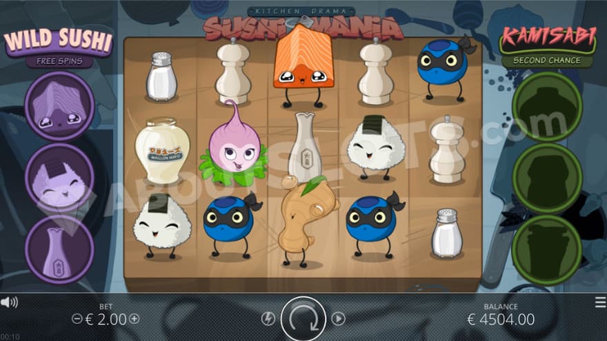 Base game with sushi symbols dancing on the reels.
