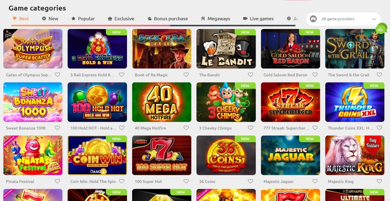 Cadoola Casino's games page featuring the best slots under category tabs and provider filter 