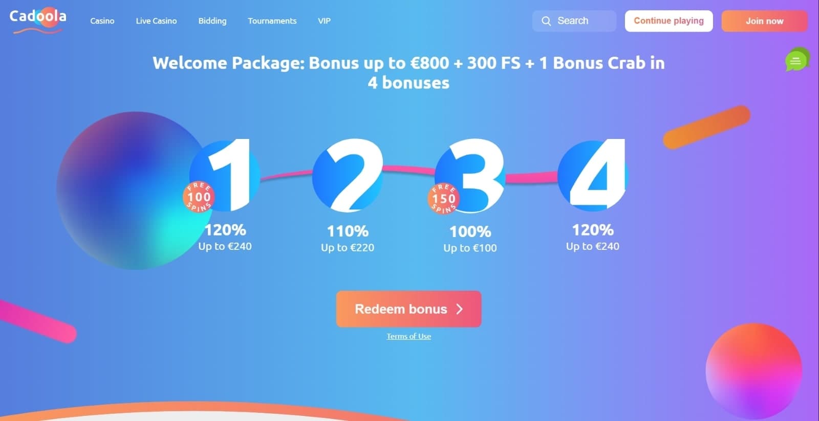 Cadoola Casino's landing page displaying the four part welcome bonus of 450% up to 800 euros with redeem button