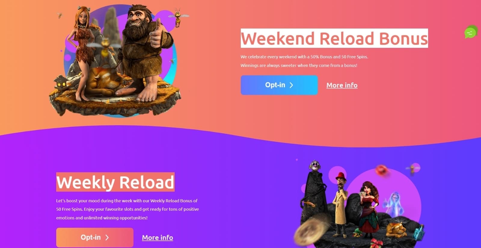 Cadoola Casino's promotions page featuring the weekend and weekly reload bonuses