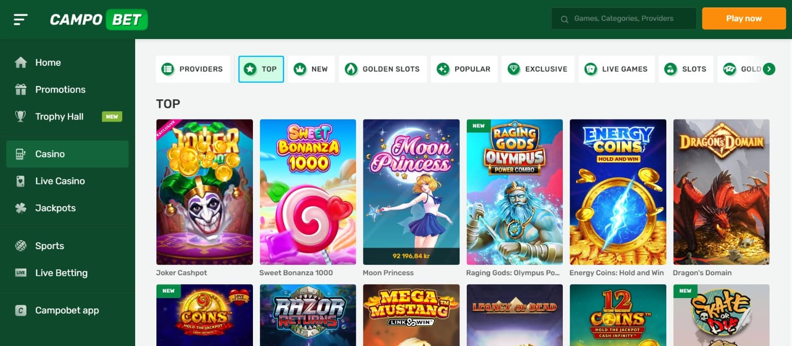 CampoBet SE Casino games page with Sweet Bonanza and Moon Princess slots