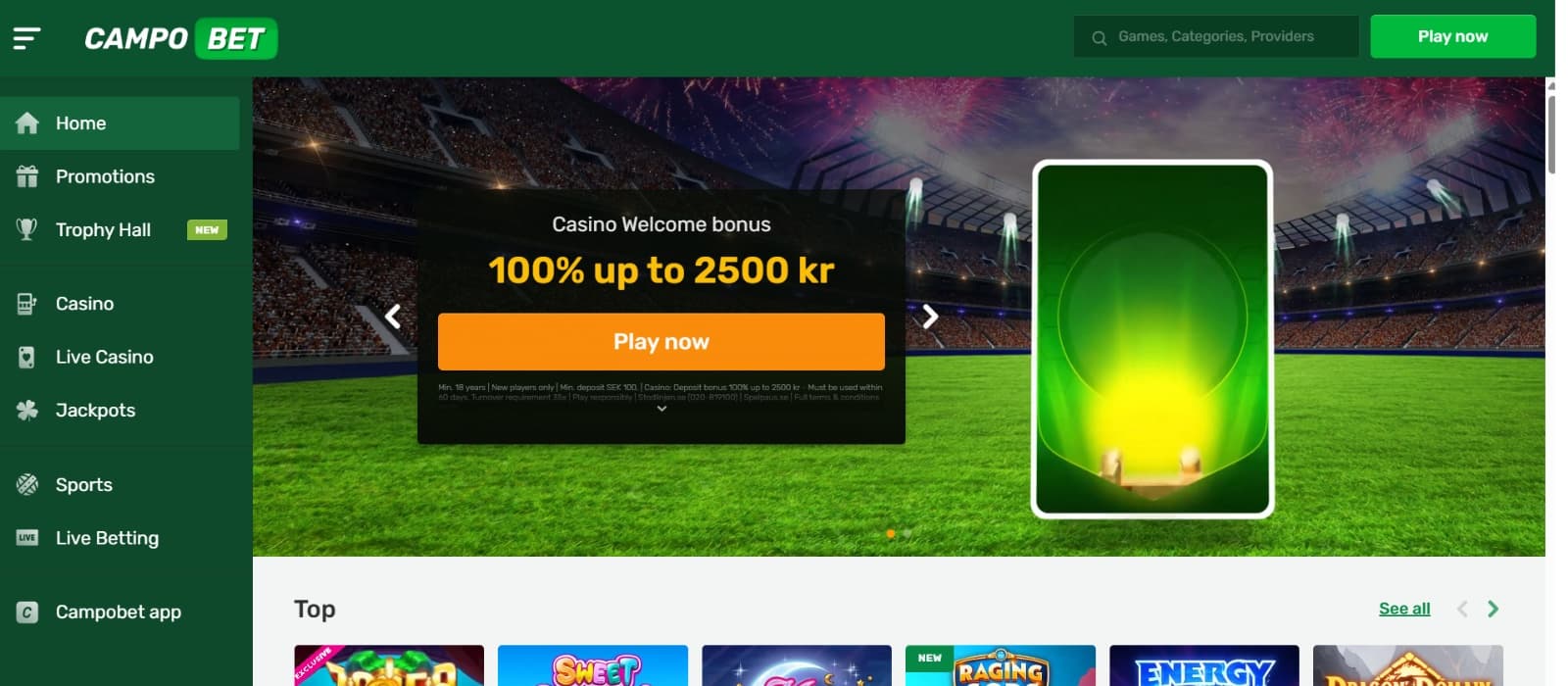 CampoBet SE Casino landing page with casino welcome bonus over football field image