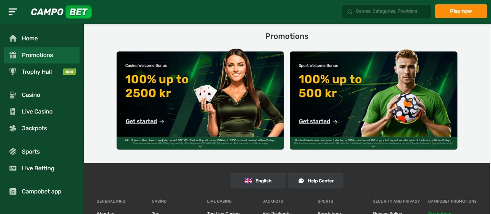 CampoBet SE Casino promotions page with 100% sports and casino welcome bonuses