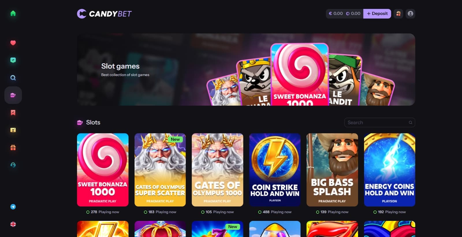 CandyBet Casino's games page featuring slot game icons such as Big Bass Bonanza, Sugar Rush and many other exciting casino games