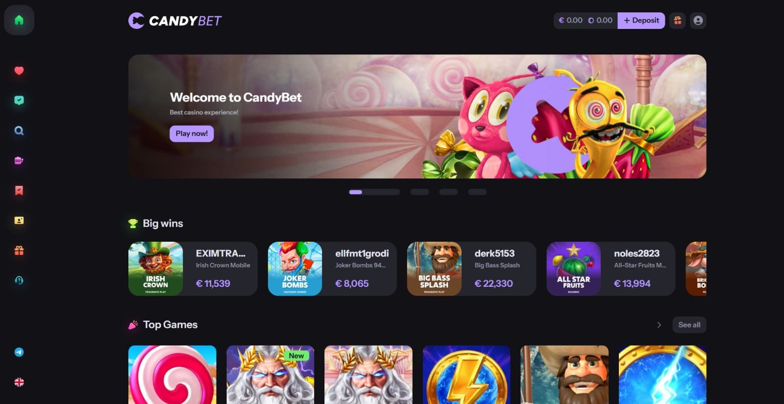 CandyBet Casino's landing page displaying the latest big wins, featured slot games, with the left navigation menu 