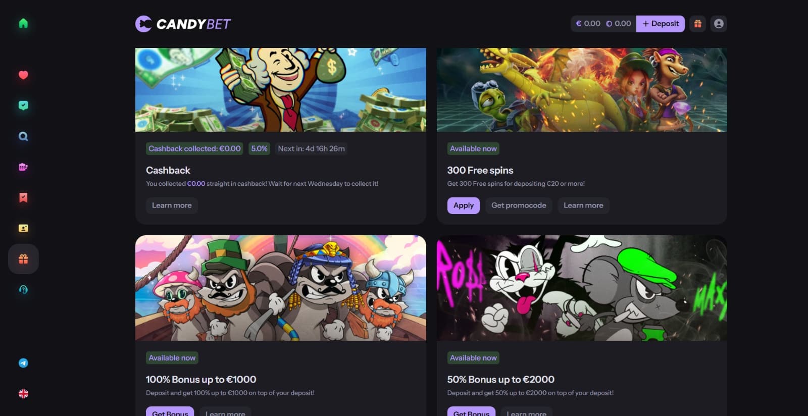 CandyBet Casino's promotions page featuring the cashback offer, no deposit free spins, and first deposit bonuses