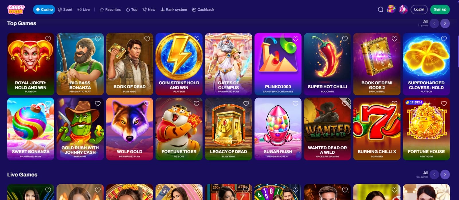 CandySpinz Casino games page with Big bass Bonanza and Book of Dead slots
