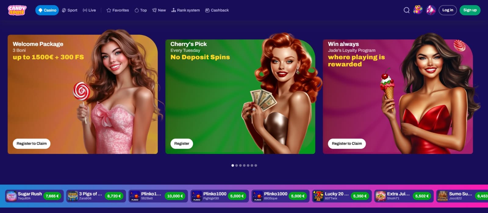 CandySpinz Casino landing page with promo slides 