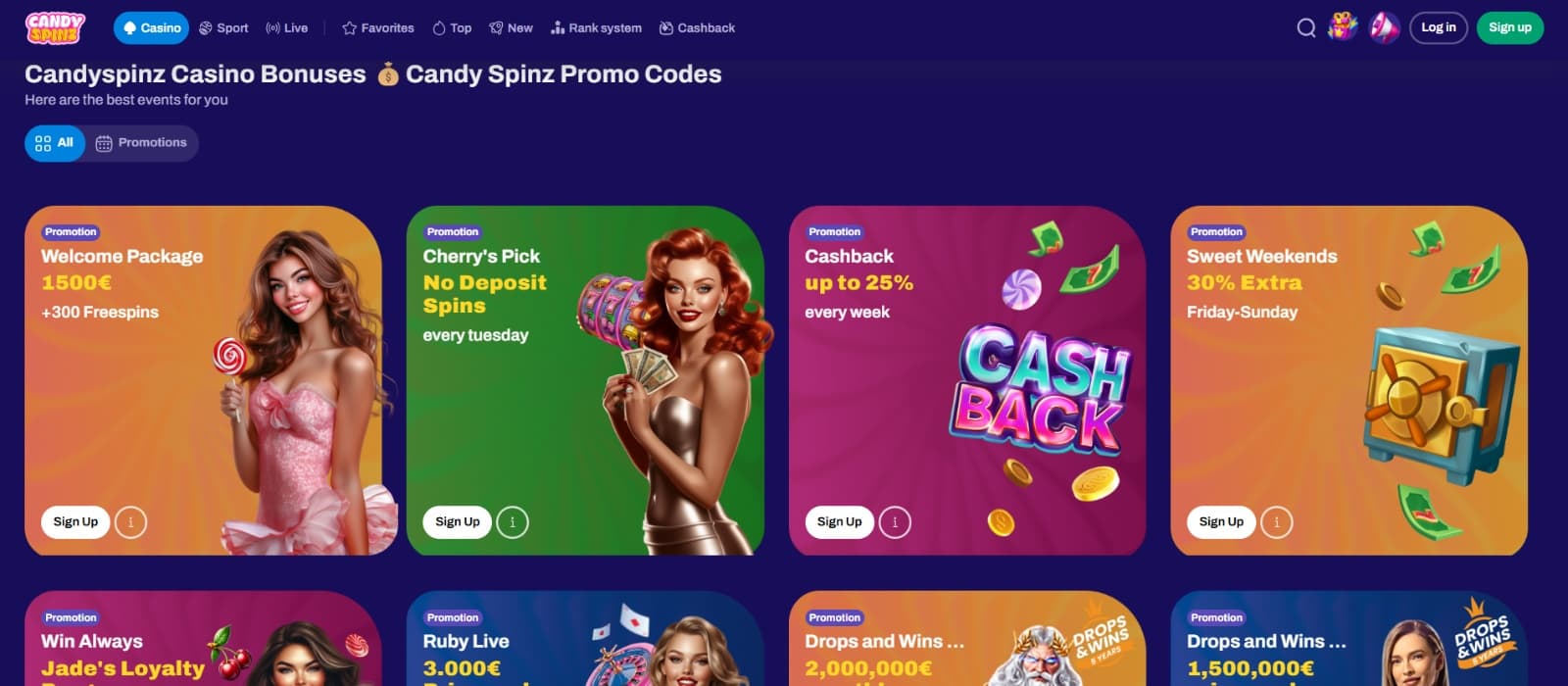 CandySpinz Casino bonus page with no deposit free spins and welcome package of 1500 eur
