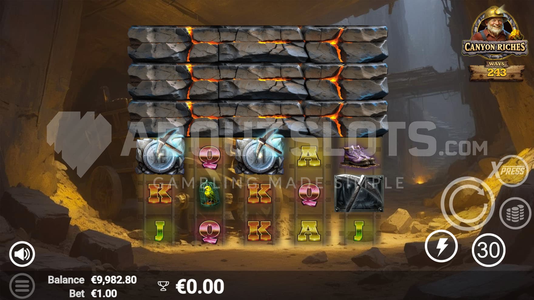 Base Game view of a 5x6 grid with 3 top rows blocked and a Pickaxe Collector feature triggered.