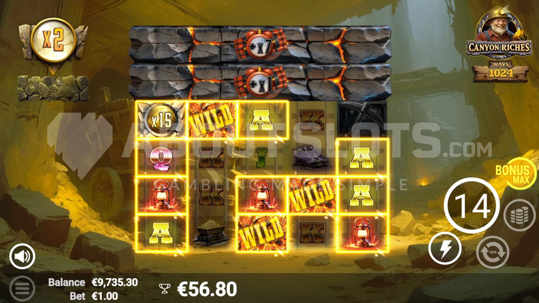 Free Spins bonus in progress with one of the top rows unlocked and an x2 win multiplier achieved.