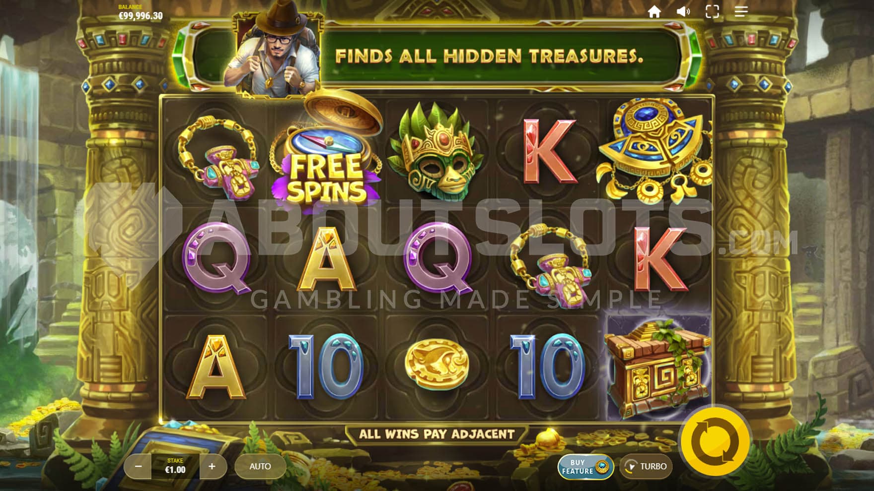 Base game showing a 5x3 grid with a mix of low-paying, high-paying and special symbols.