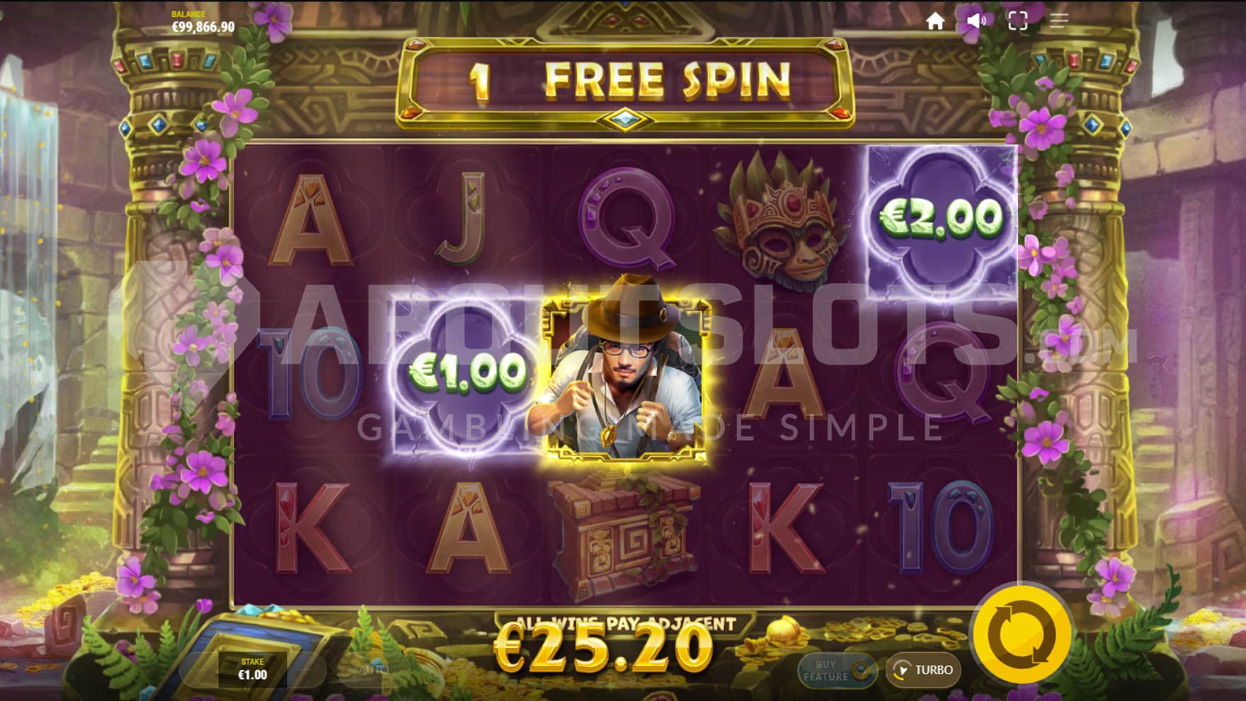 Free spins in progress with a Discoverer feature triggered and a total win of 25.20.
