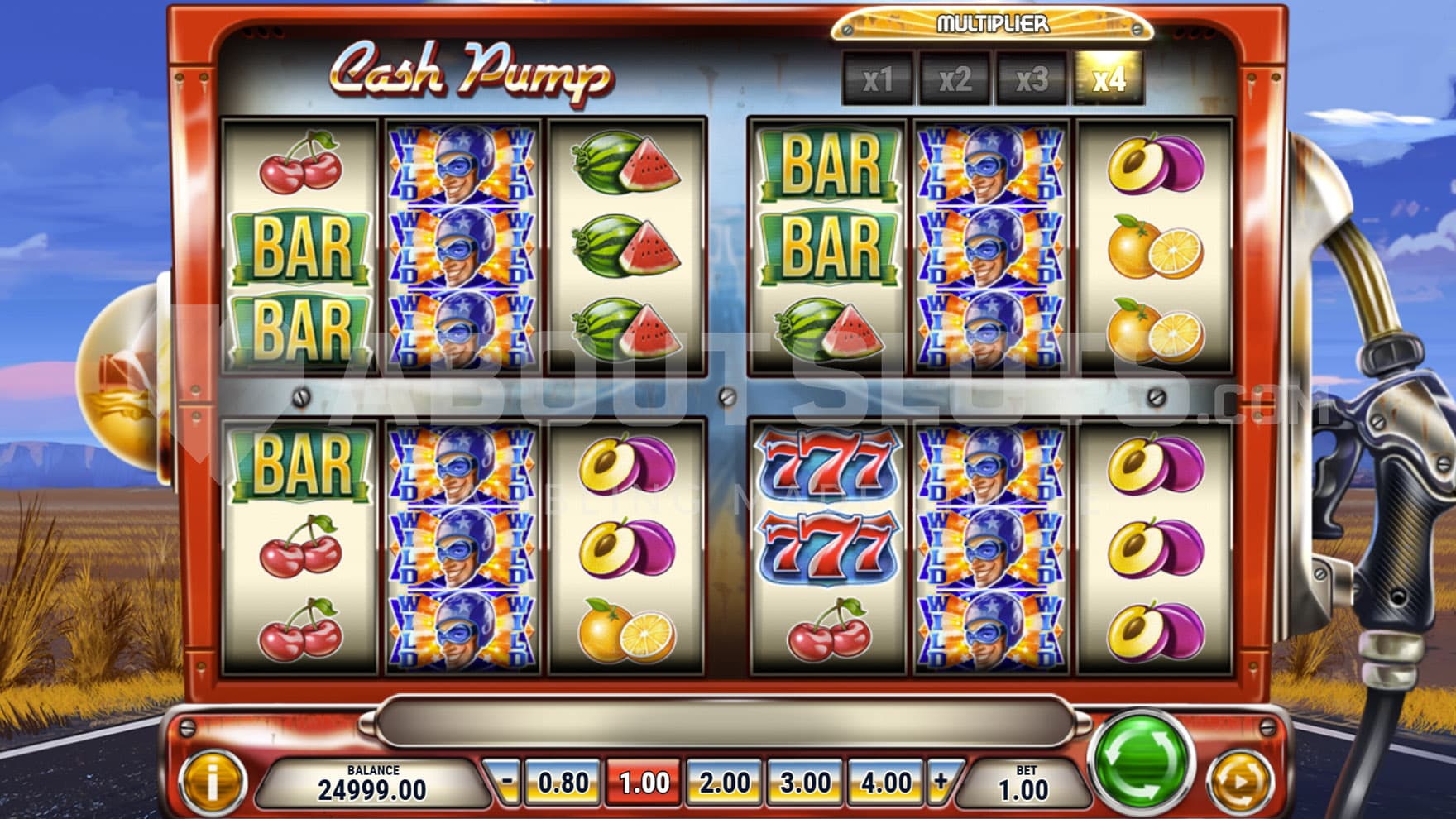 Base Game view of a a quadruple 3x3 reelset fitted into a gas pump on a backdrop of an open road.