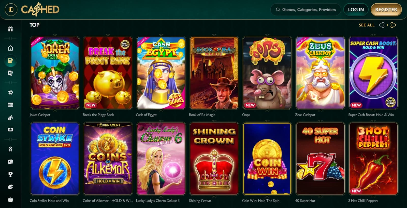 Cashed Casino games page with top slots such as Cash of Egypt and Shining Crown