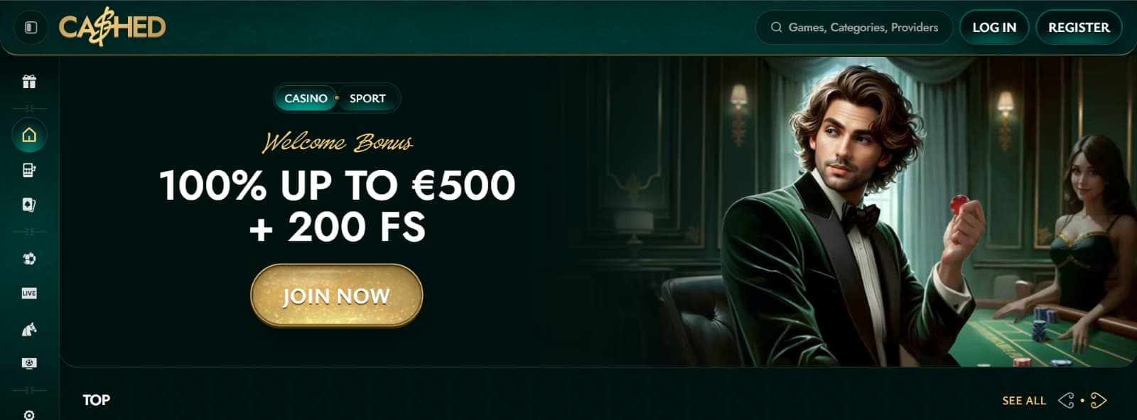 Cashed Casino landing page with man in green suit playing at blackjack table 