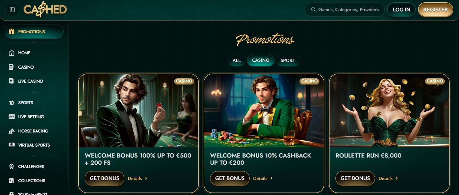 Cashed Casino promotions page with welcome bonus, reload bonus and roulette run over images of casino players in green