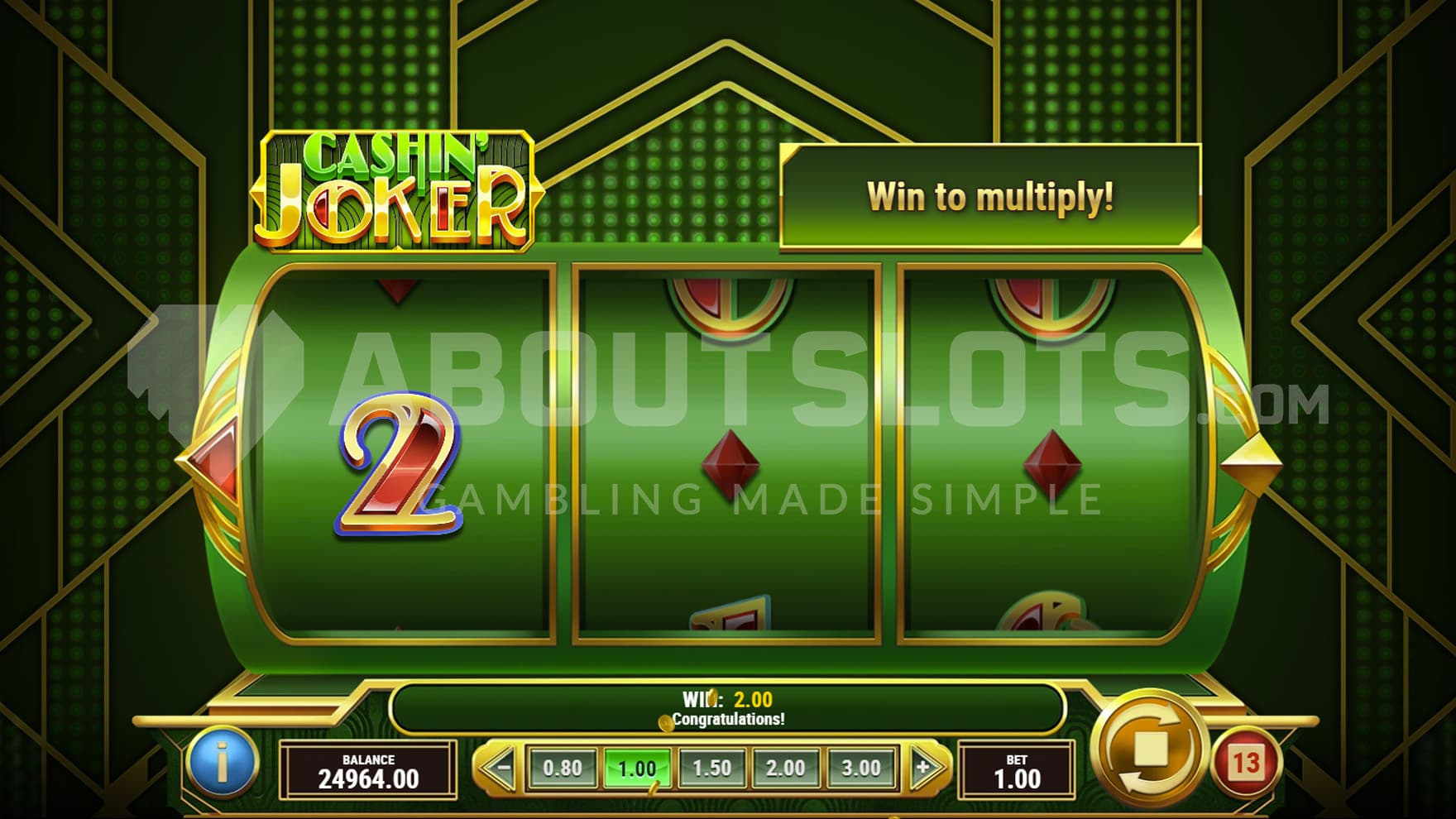 Base Game view of a 3-reel panel on a green-gold art-deco background.