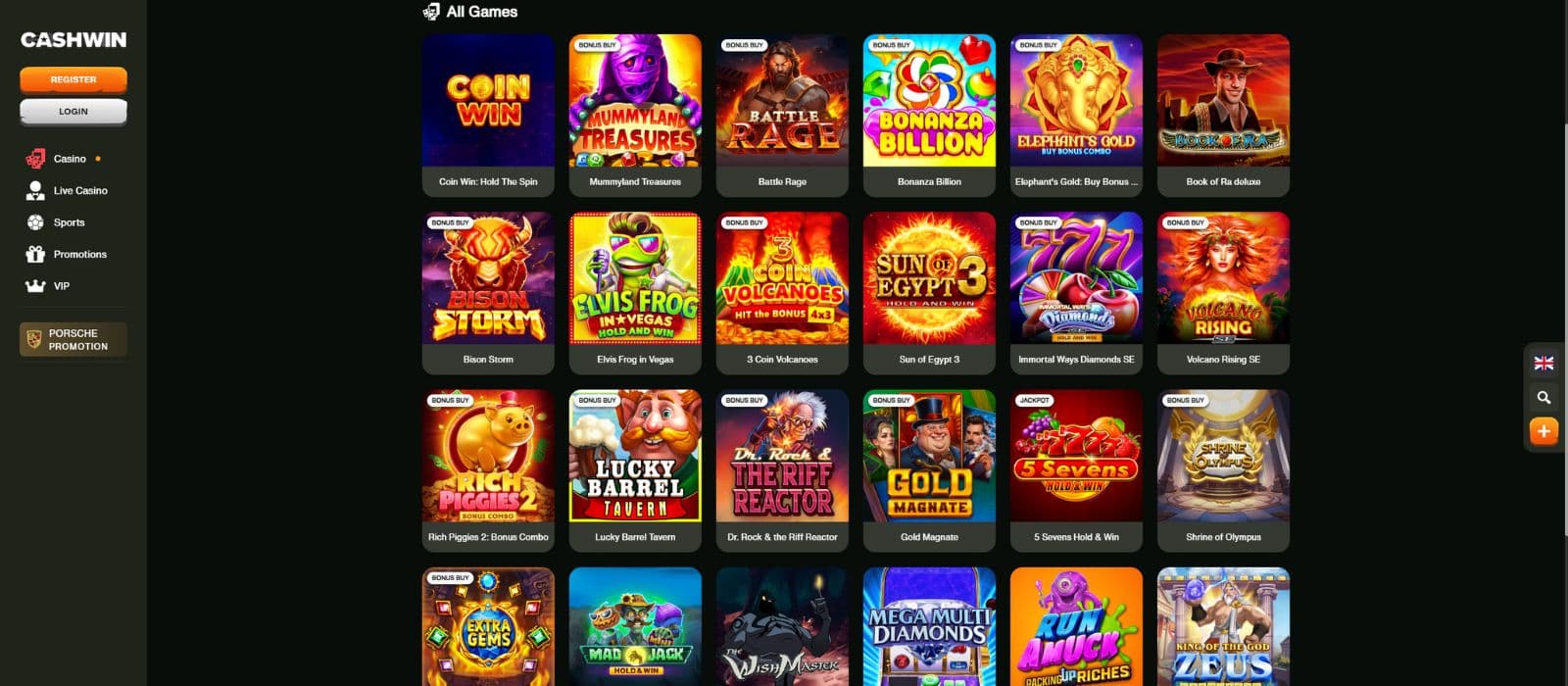 CashWin Casino games page showing a selection of slots and the main menu to the left