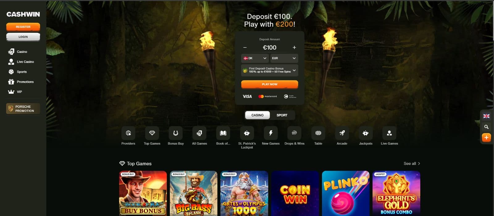 CashWin Casino landing page showing the different game categories, registration form and the main menu to the left