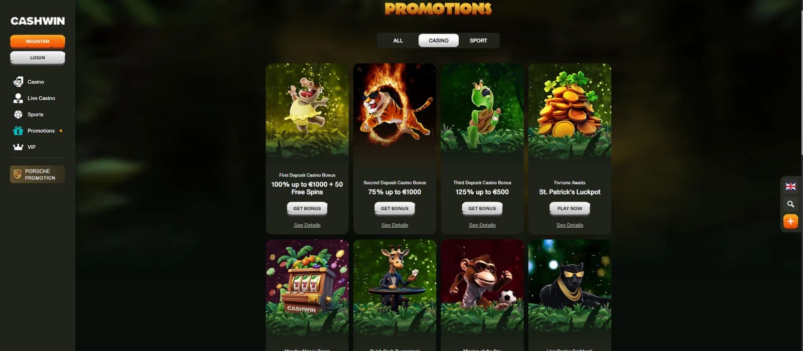 CashWin promotions page showing the available bonuses and promotions for casino and sports