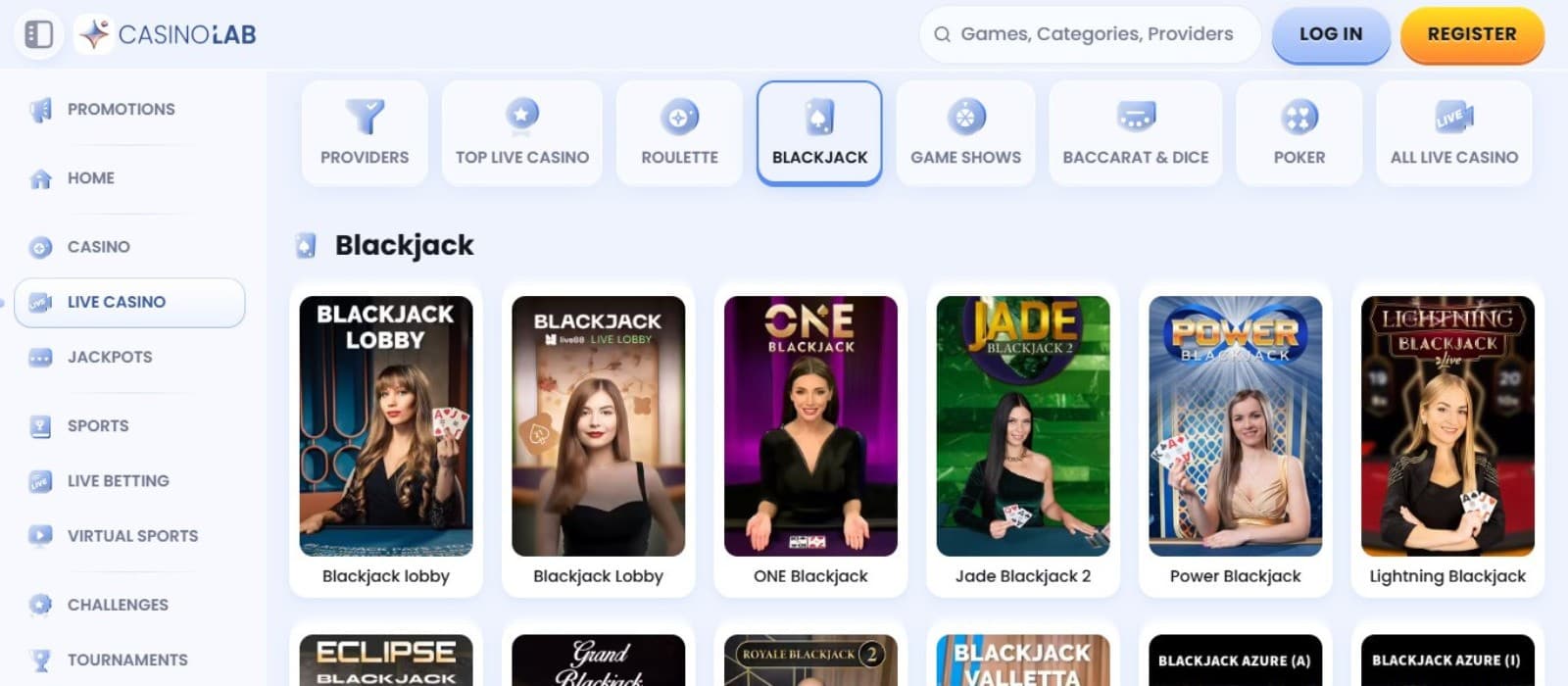 Casino Lab’s homepage, showing the welcome bonus and a sidebar menu.