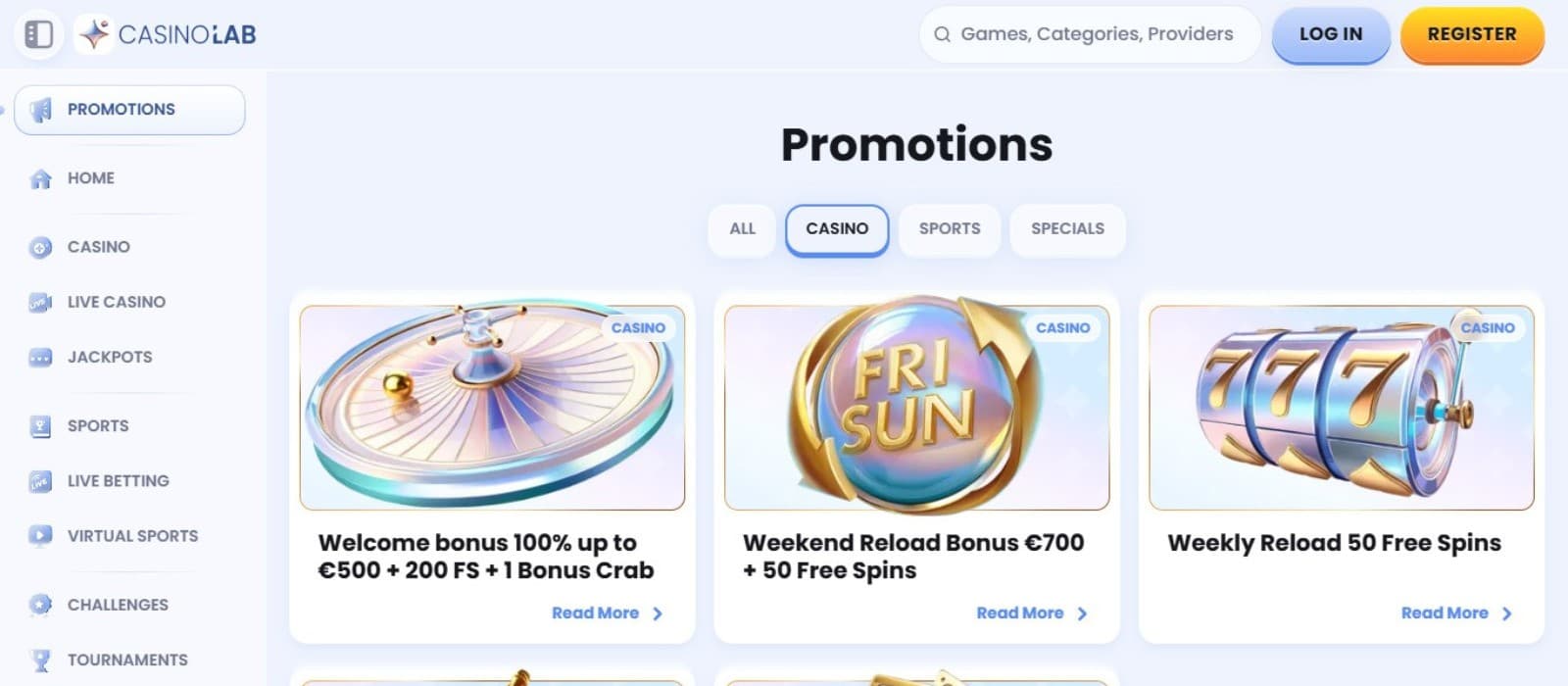 Casino Lab's promotions page, showing the welcome bonus and other reload offers.