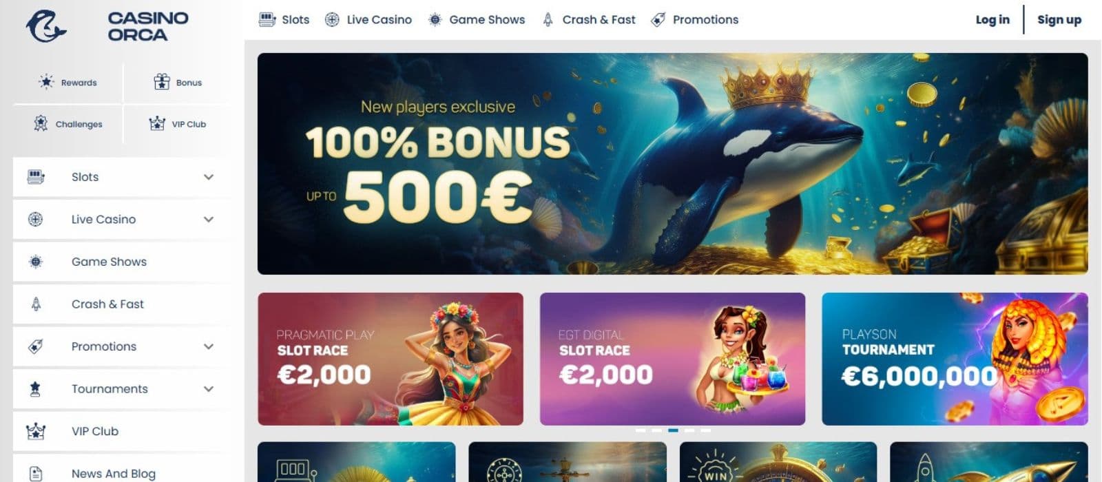 Casino Orca’s homepage, showing the welcome bonus, a reel of active tournaments, and a sidebar menu.