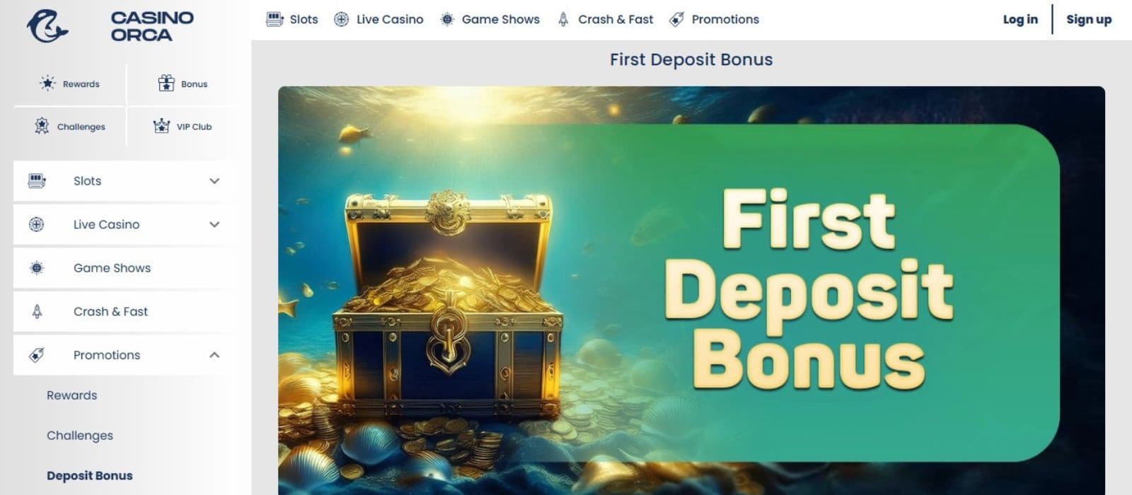 Casino Orca's promotion page, showing the first deposit bonus and a chest of coins.