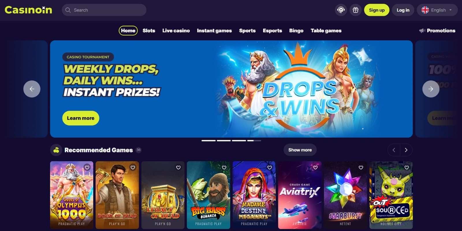Casinoin Casino landing page featuring weekly drops and daily wins promotion and recommended games section