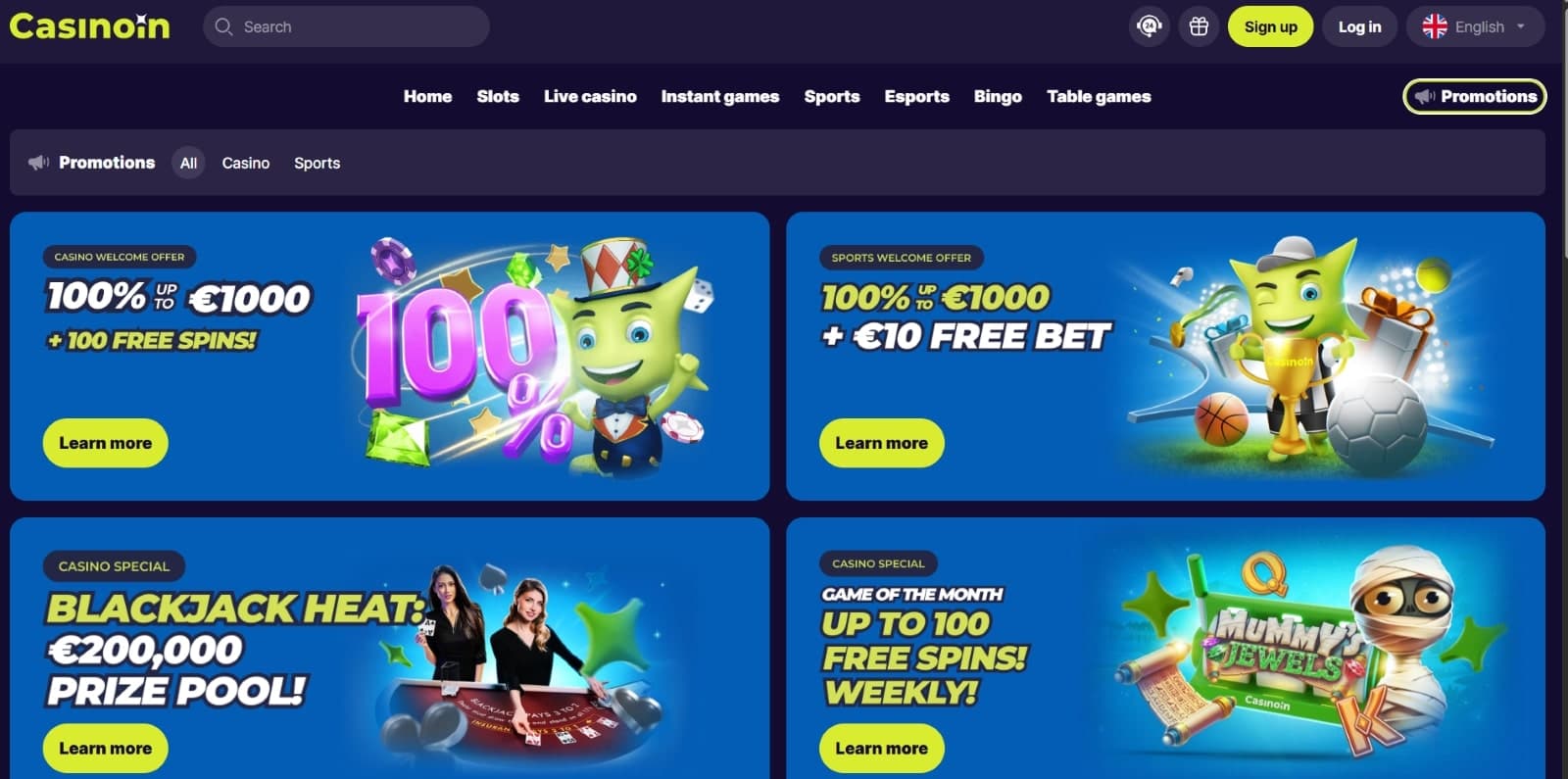Casinoin Casino promotions page with sports casino bonus with the platform mascot 