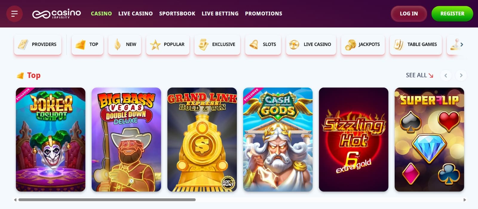 Casino Infinity games page with top slots under game categories and main tab menu