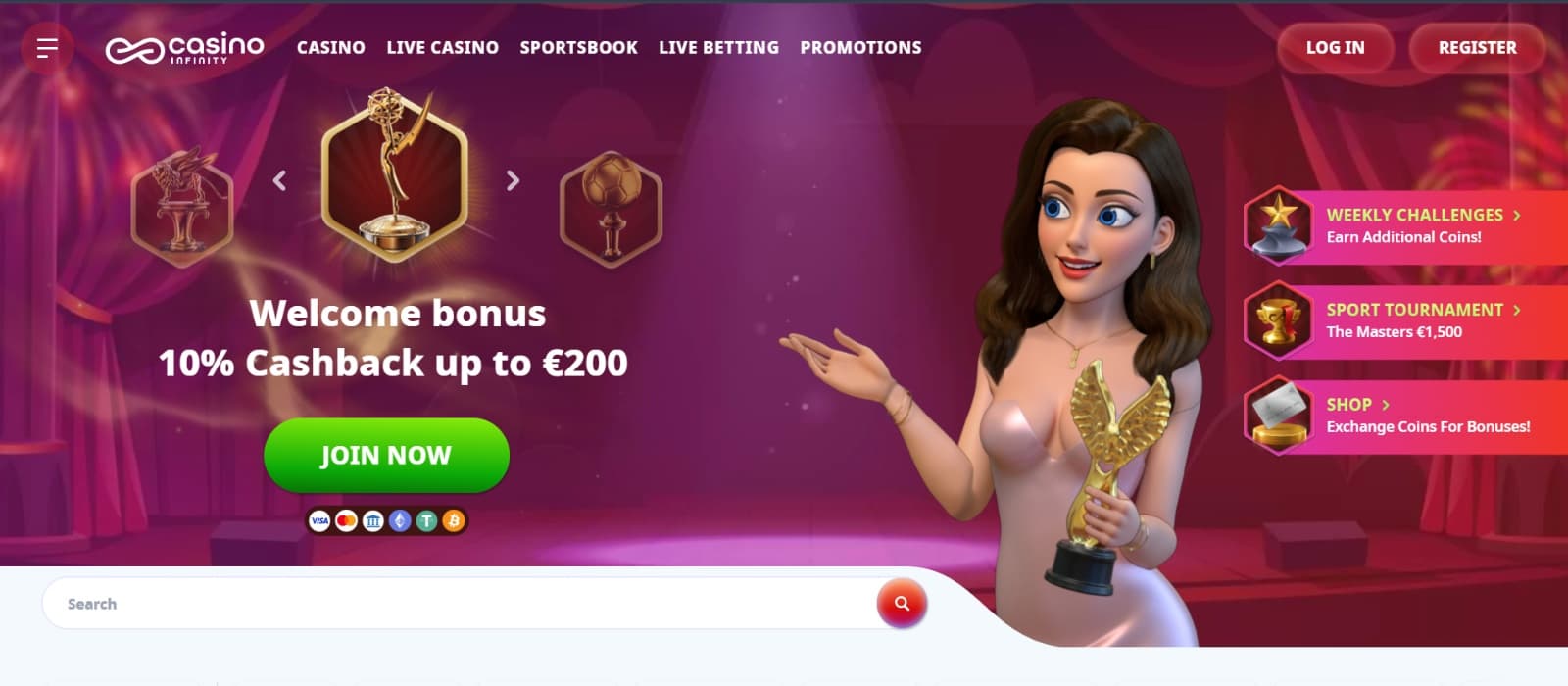 Casino Infinity landing page with 100% welcome banner presented by awards lady