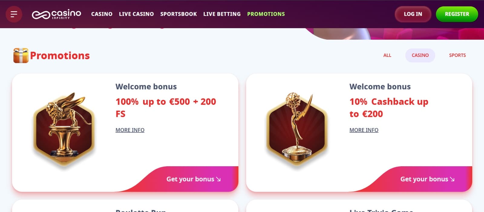 Casino Infinity promotions page with welcome bonus and cashback bonus