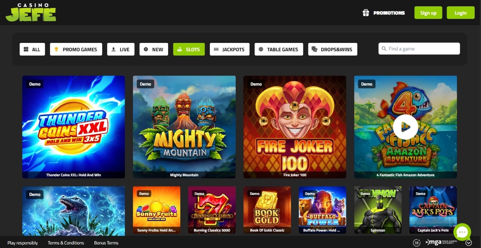 Casino Jefe games page featuring slots such as Fire Joker 100 under tab sections and search function