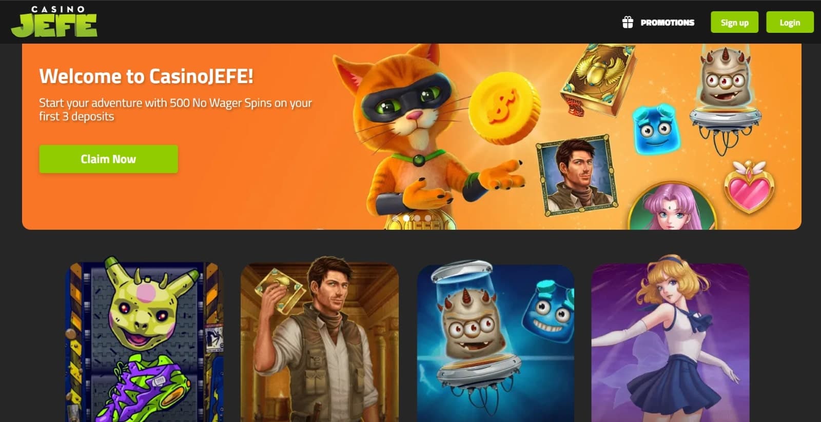 Casino Jefe landing page with welcome offer  of 500 spins and Cat mascot