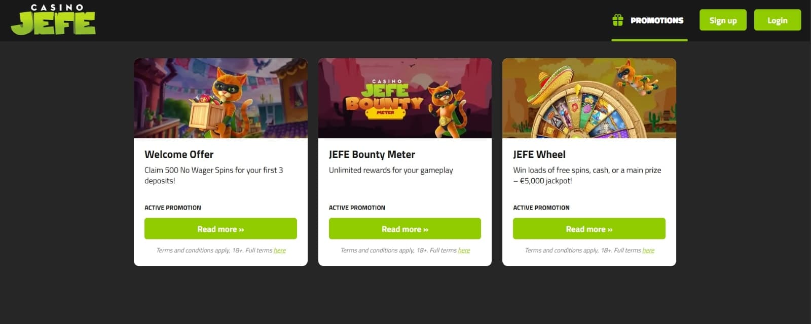 Casino Jefe promotions page with luchador Cat  presenting welcome bonus, bonus meter and Jefe Wheel