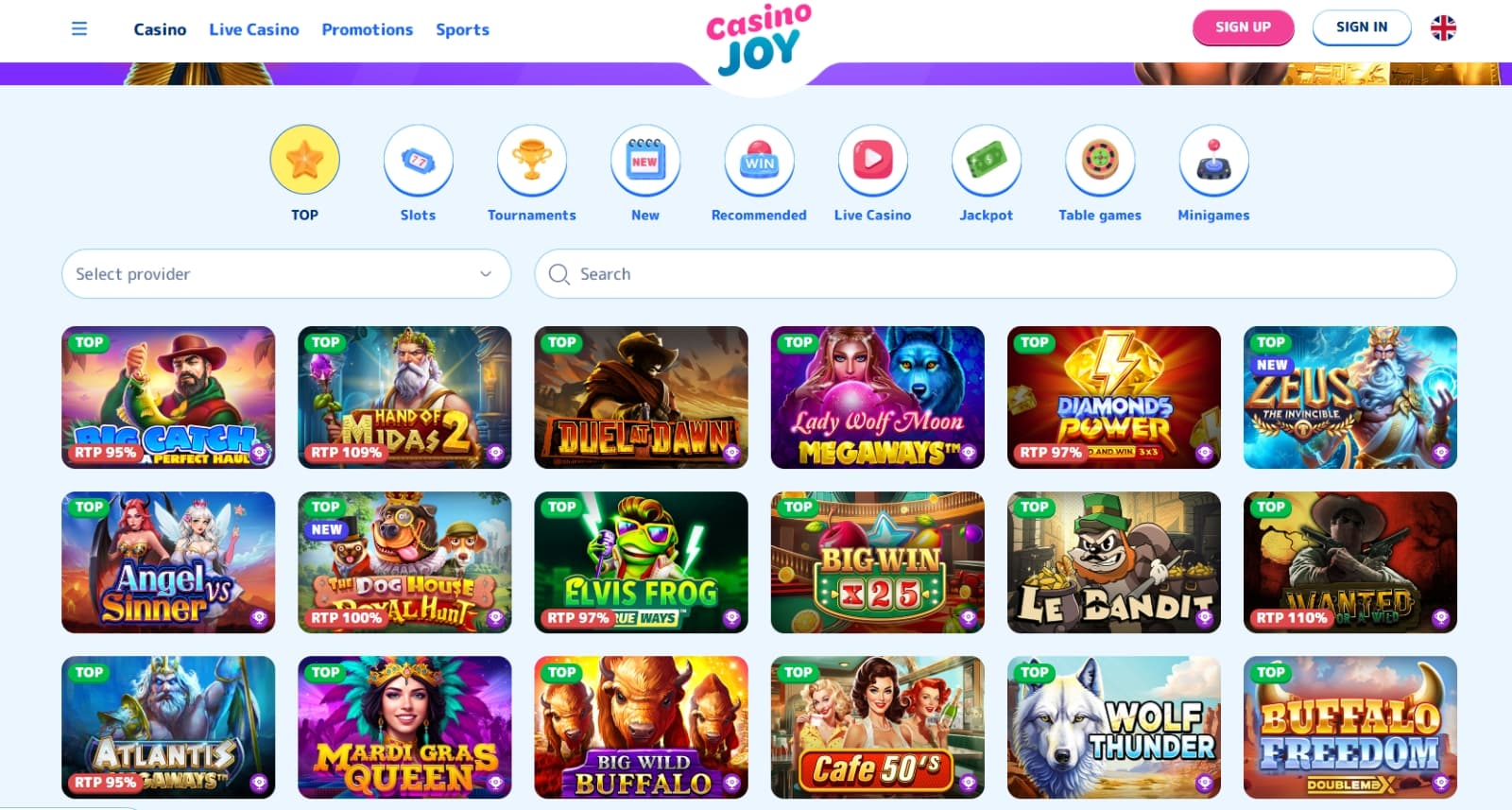 CasinoJoy games page with slot games under search and provider filters