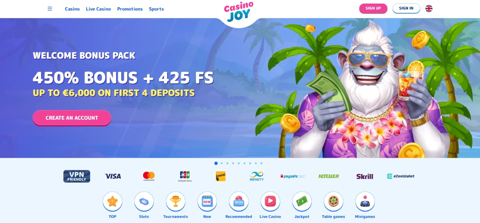 CasinoJoy landing page with welcome bonus pack banner and image of  a Yeti on vacation