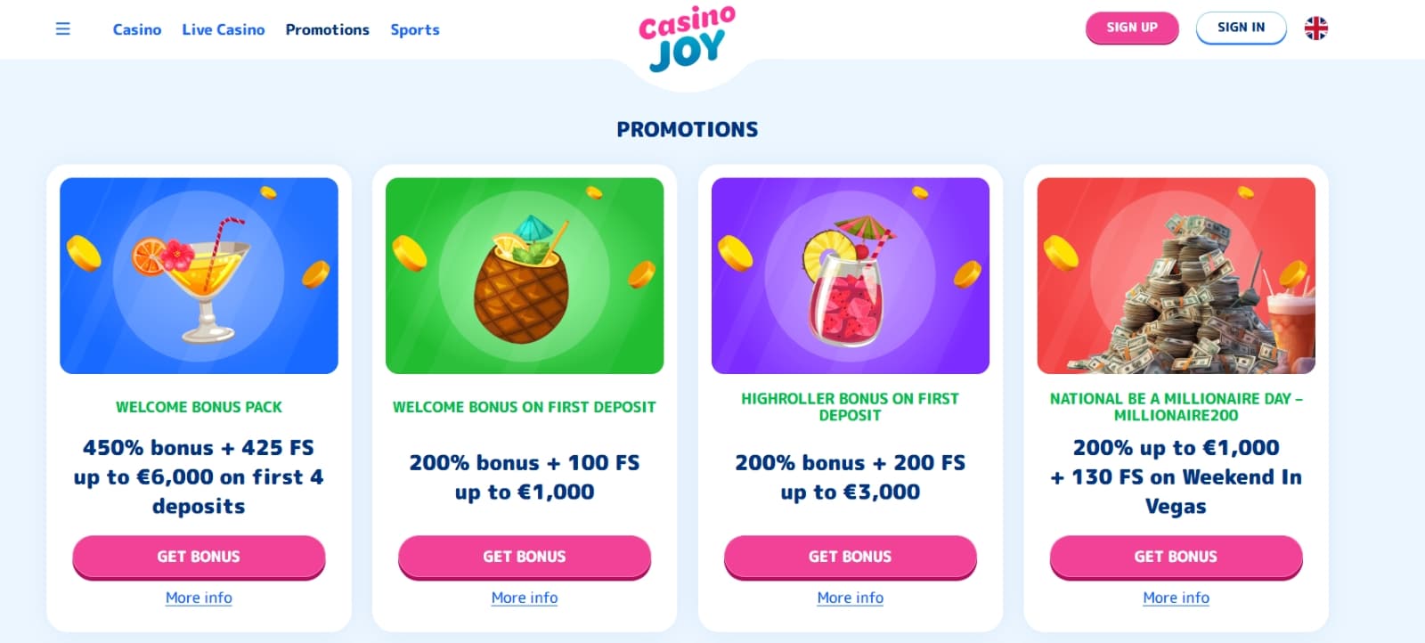 CasinoJoy promotions page with high roller bonus and four part welcome package with cocktail images
