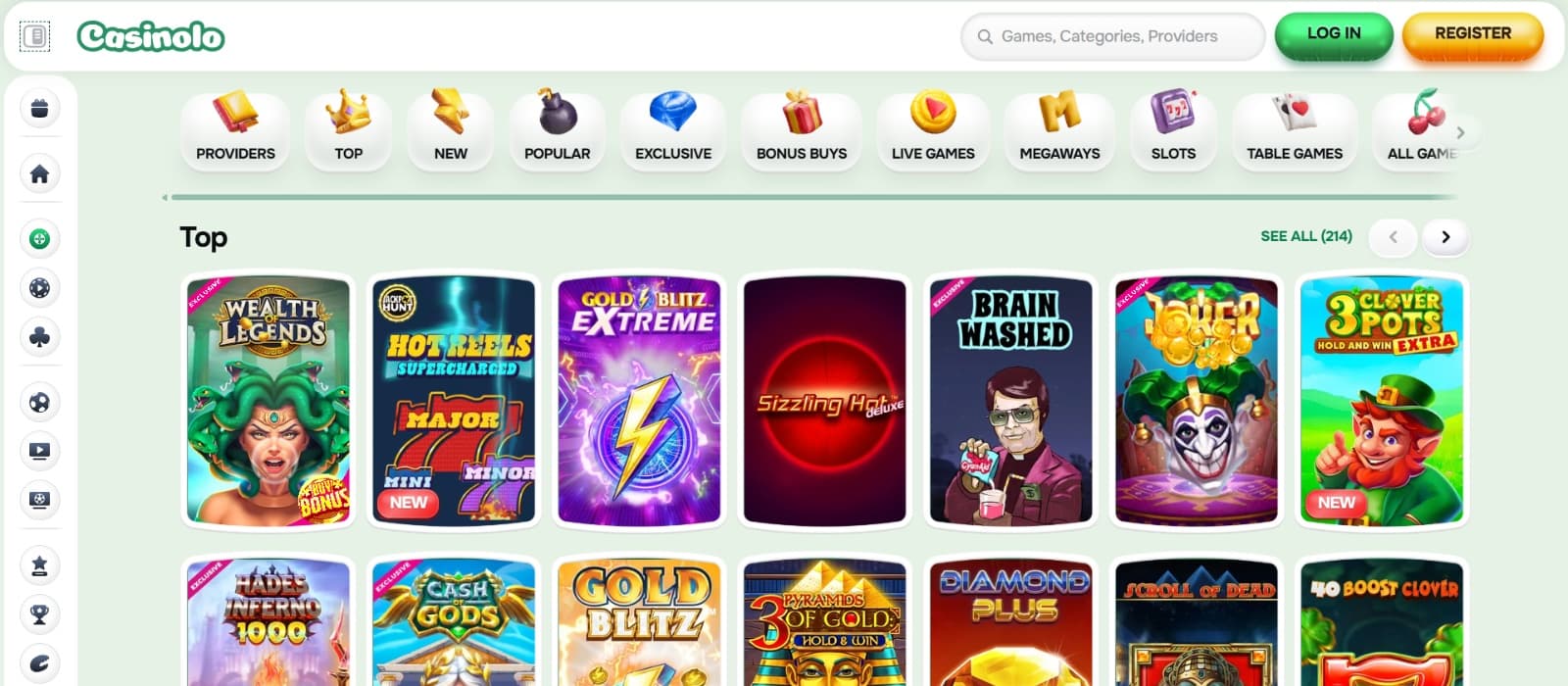 Casinolo Casino games page with slots Wealth of Legends and Gold Blitz Extreme under categories 