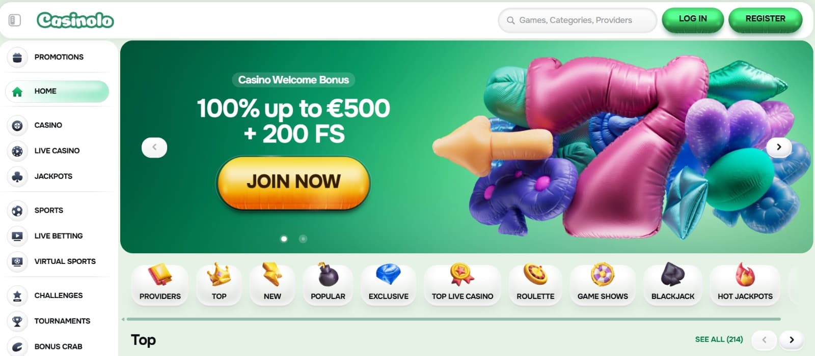 Casinolo Casino landing page with 100%  500 eur welcome bonus over balloon banner 