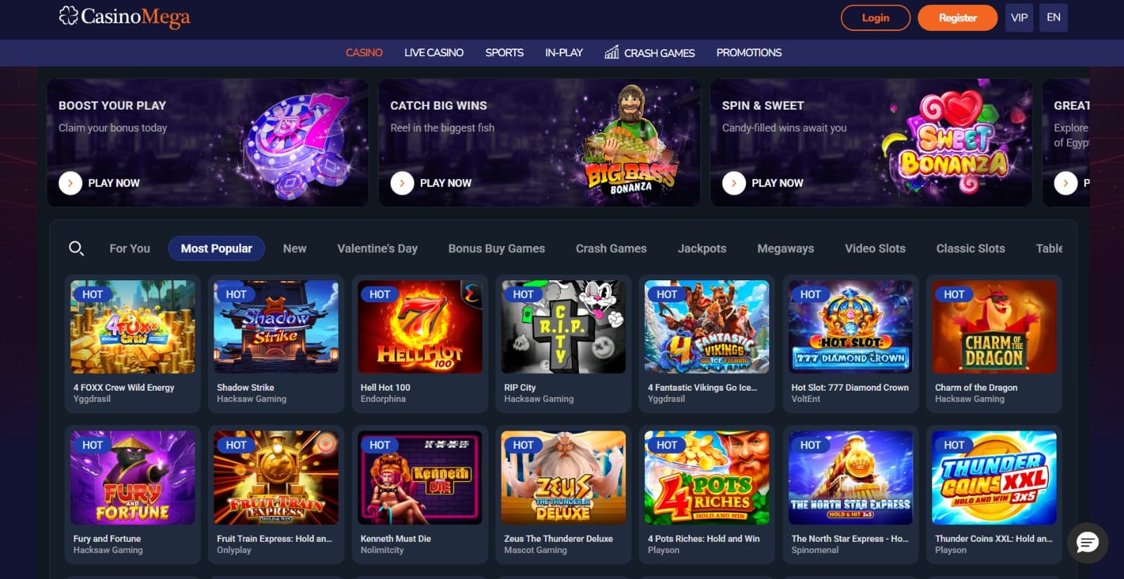 CasinoMega Casino games page with the popular slot game icons, and game categories above