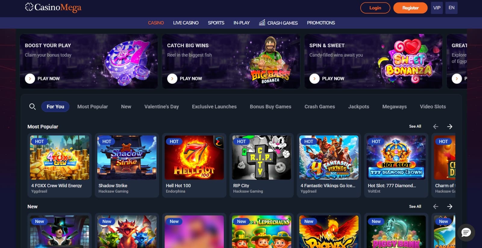 CasinoMega Casino landing page with the bonus banners , new featured slot icons and banner with game categories
