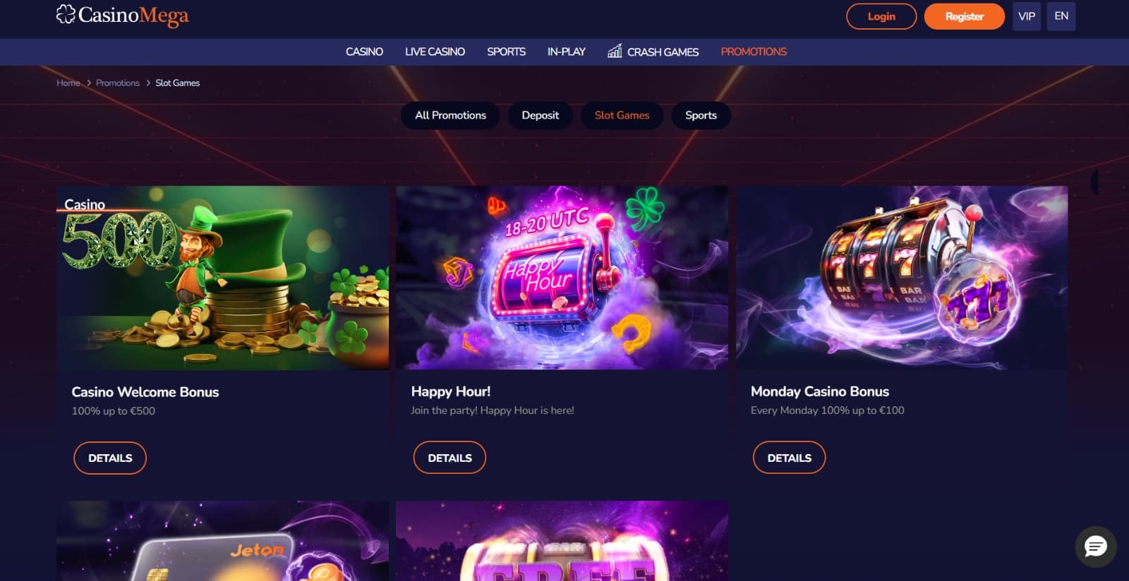 CasinoMega Casino promotions page with the welcome bonus, reload offer, Happy hour, and other bonuses with their respective banners