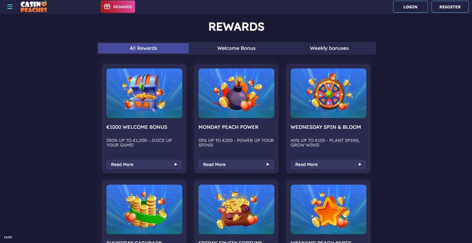 Casino Peaches' promotions page featuring the welcome bonus, reload offers and jackpot rewards