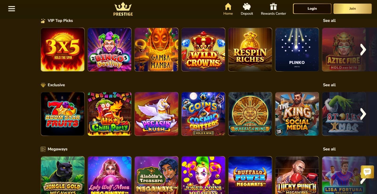 Casino Prestige's games lobby featuring the VIP picks, megaways, exclusive slots, scratch, table games 