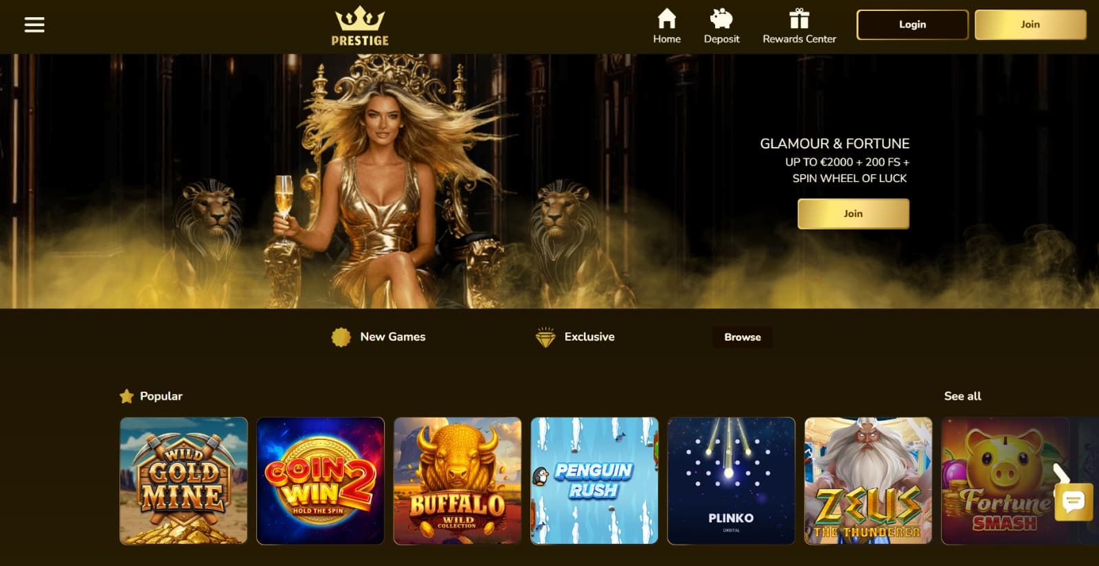 Casino Prestige's landing page featuring the welcome bonus banner of 2000 and euros and 200 free spins with golden lady on throne, with lobby tabs and popular games