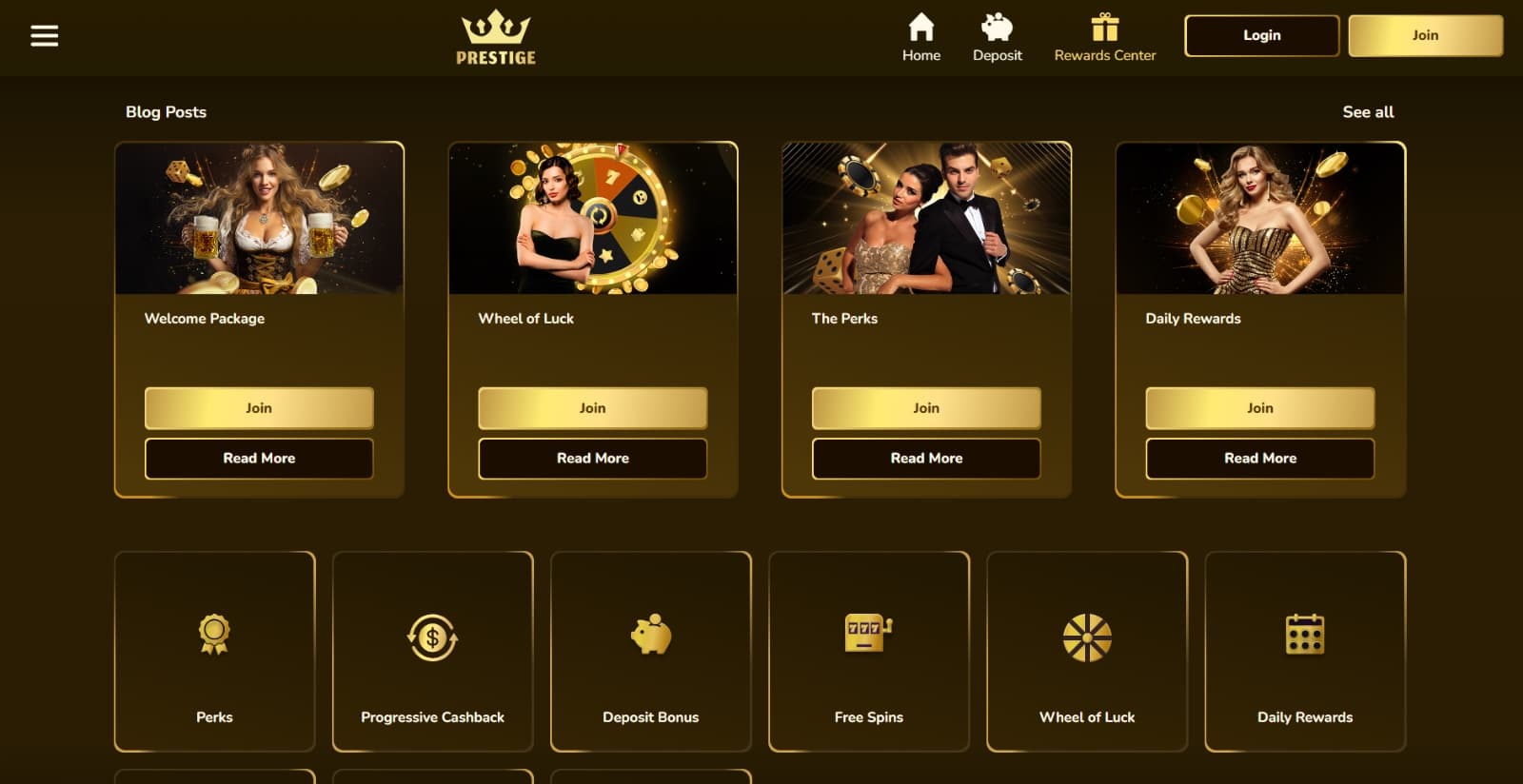 Casino Prestige's promotions page featuring the welcome bonus, wheel of luck, perks and daily rewards with respective banners and golden buttons